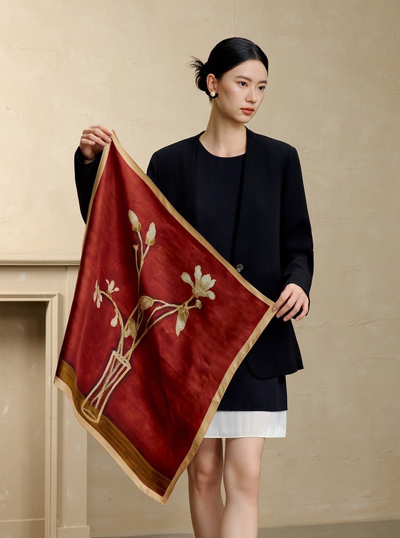 100% Mulberry Silk with Botanical Motif Double - Sided Silk Square Scarf - Dear Eastern Lynn