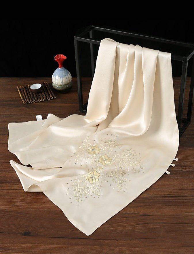 100% Mulberry Silk with Floral Hand - Embroidered Chinese Silk Scarf - Dear Eastern Lynn