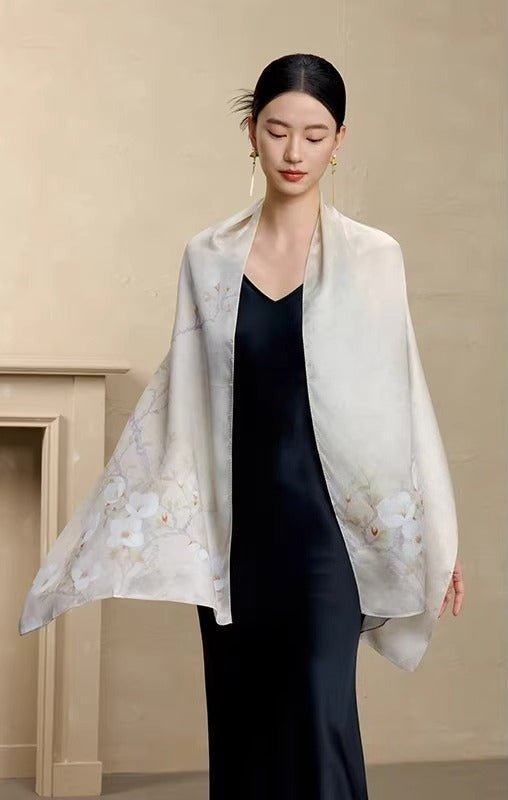 100% Pure Silk Floral Luxury Mulberry Silk Long Scarf - Dear Eastern Lynn