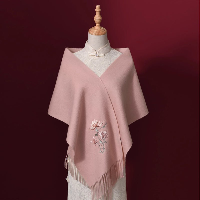 100% Pure Wool with Chinese Floral Motif Hand - Embroidered Pink Wool Scarf - Dear Eastern Lynn