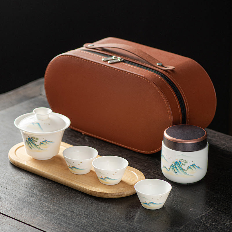 SilkRoad Elegance Porcelain Travel Tea Set (with Customizable Gift Case)