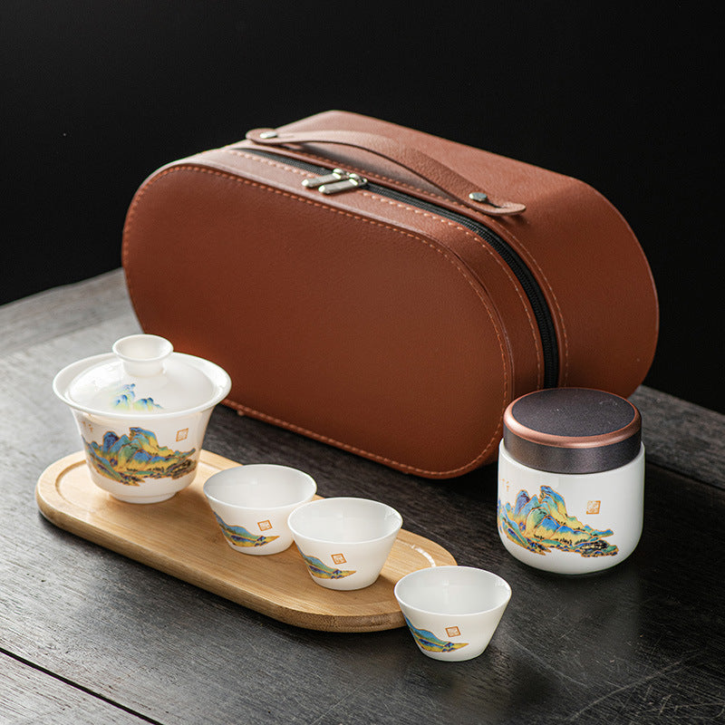 SilkRoad Elegance Porcelain Travel Tea Set (with Customizable Gift Case)