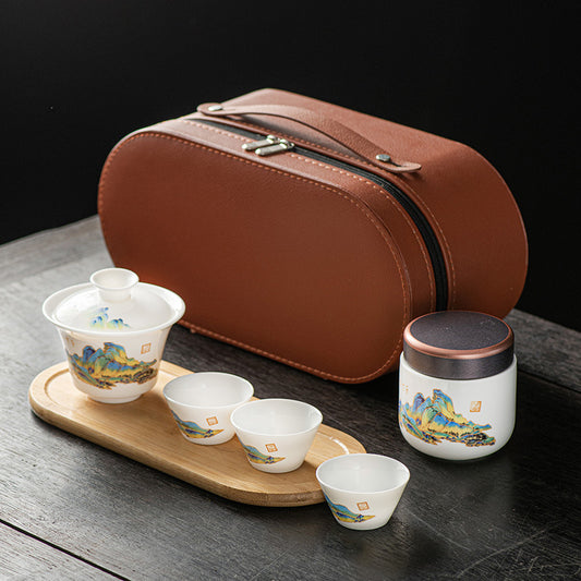 SilkRoad Elegance Porcelain Travel Tea Set (with Customizable Gift Case)
