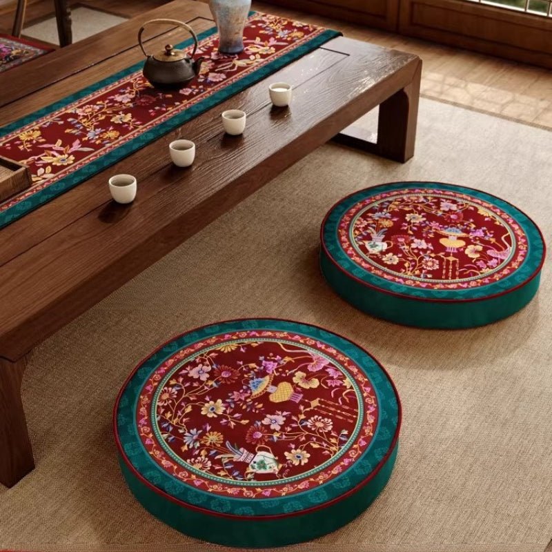 "Celebrating Abundance" – Hand - Embroidered Round Meditation Cushion - Dear Eastern Lynn