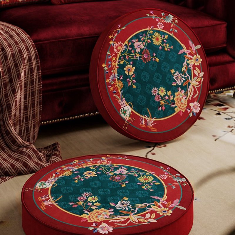 "Celebrating Abundance" – Hand - Embroidered Round Meditation Cushion - Dear Eastern Lynn